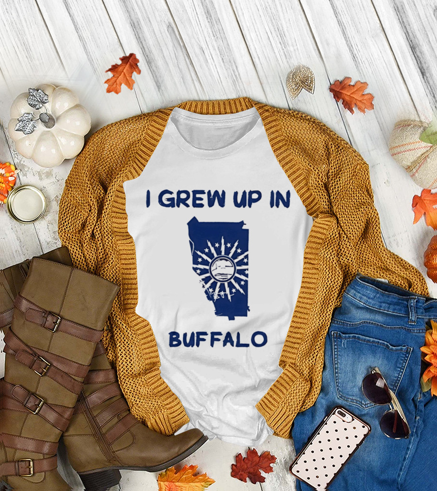 I Grew Up in Buffalo Map with Buffalo Silhouette and Sunburst T-Shirt