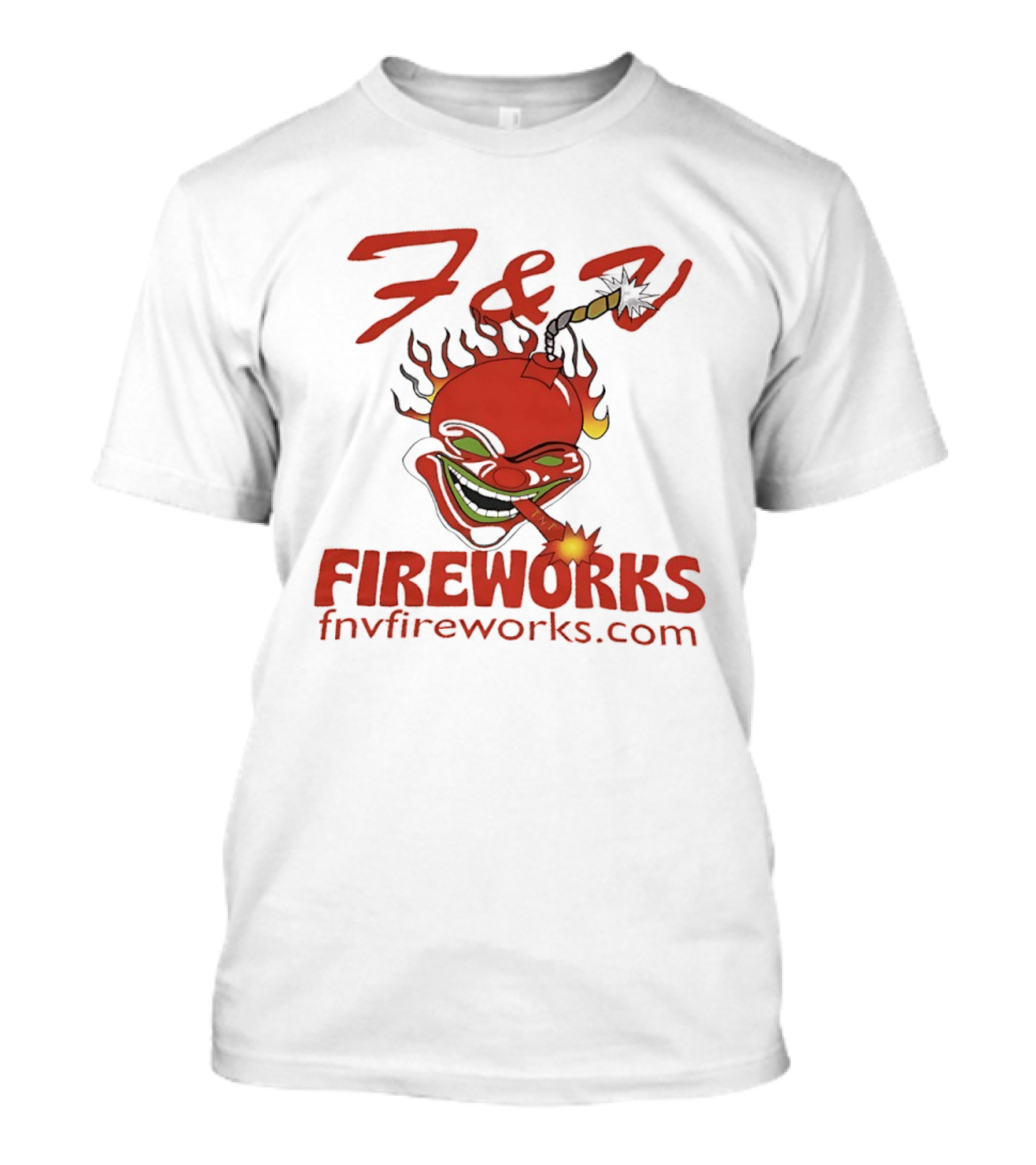 F & V Fireworks Clown Logo With Lit Firecracker And Fnvfireworks.com T-Shirt