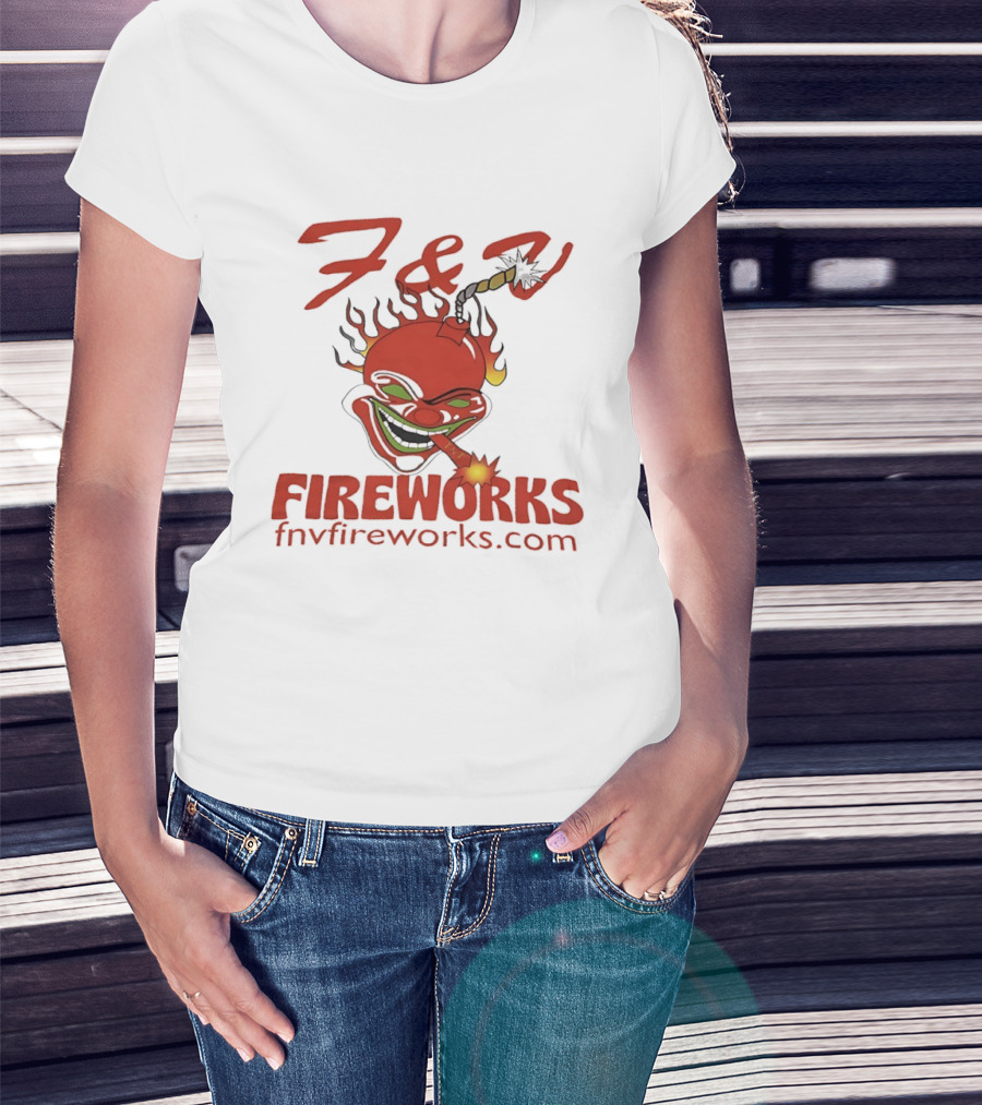 F & V Fireworks Clown Logo With Lit Firecracker And Fnvfireworks.com T-Shirt