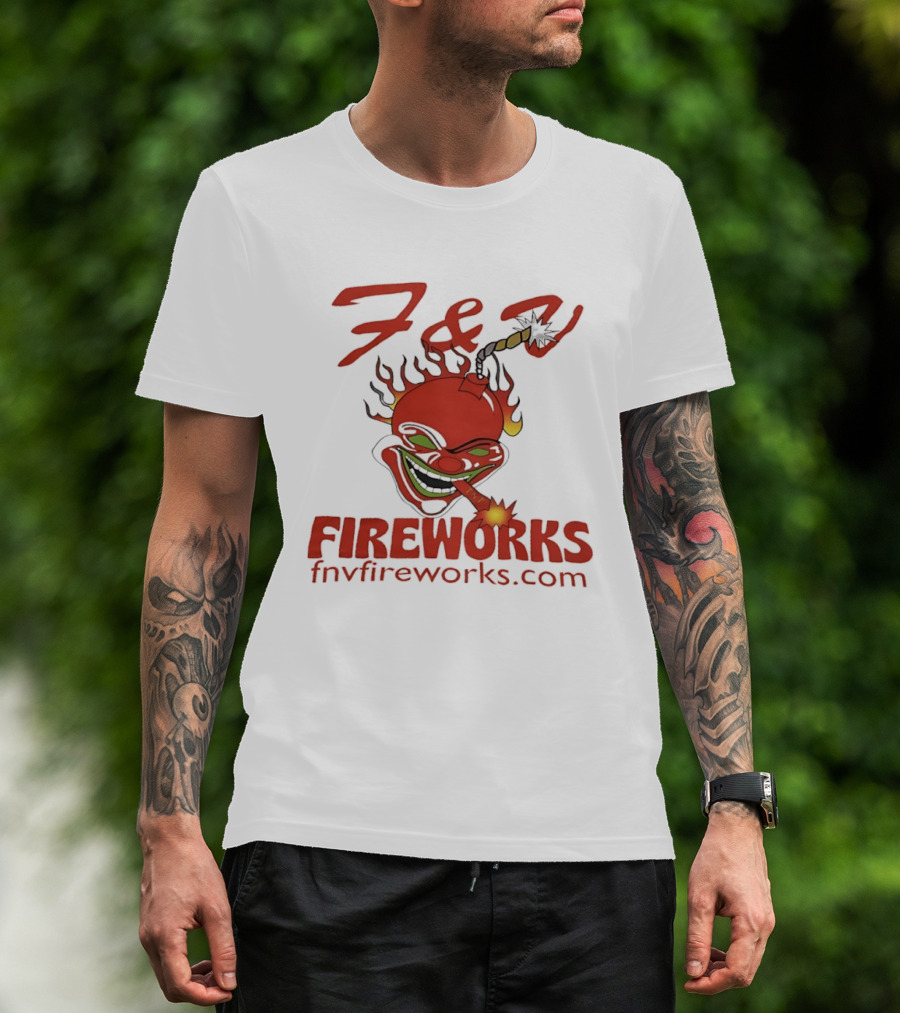 F & V Fireworks Clown Logo With Lit Firecracker And Fnvfireworks.com T-Shirt