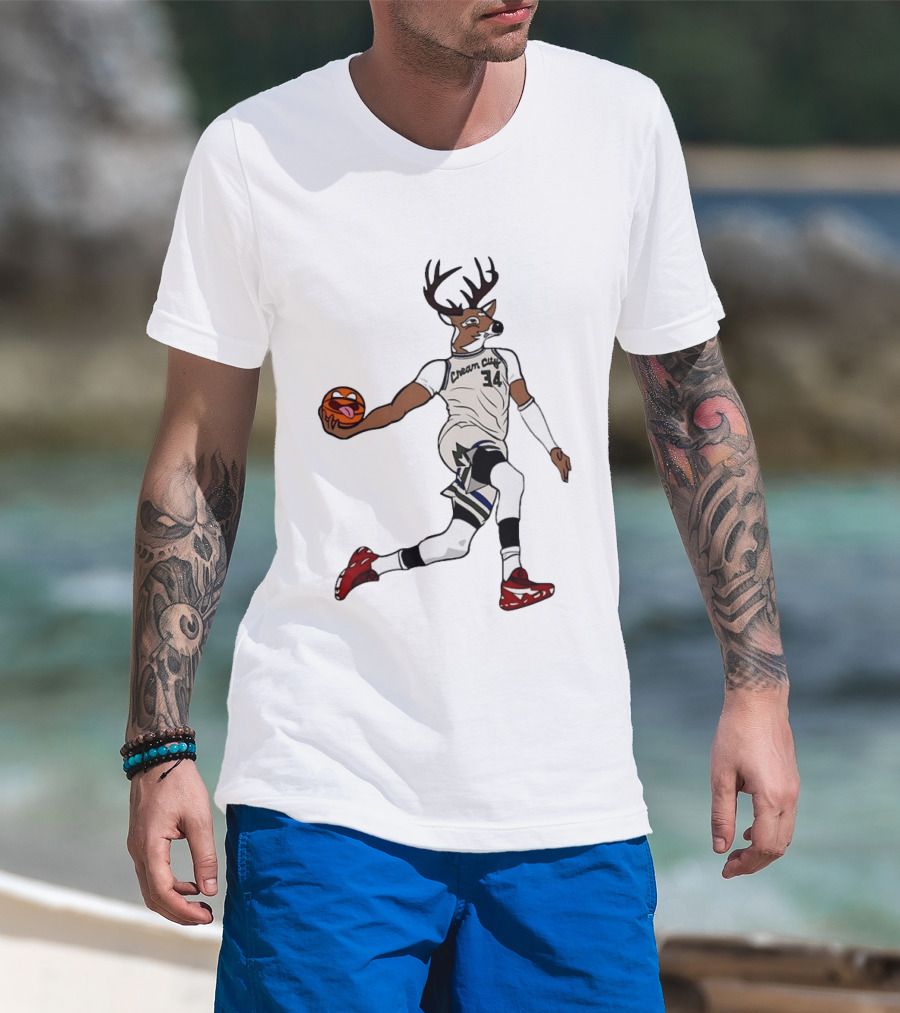 Milwaukee Bucks Cream City 34 Deer Basketball T-Shirt