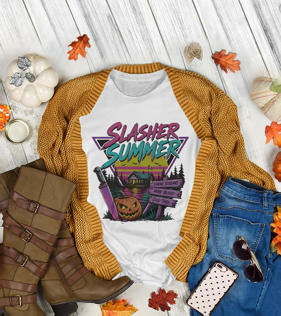 Slasher Summer S'more Screams More Blood Good Times Cabin Pumpkin Knife T-Shirt