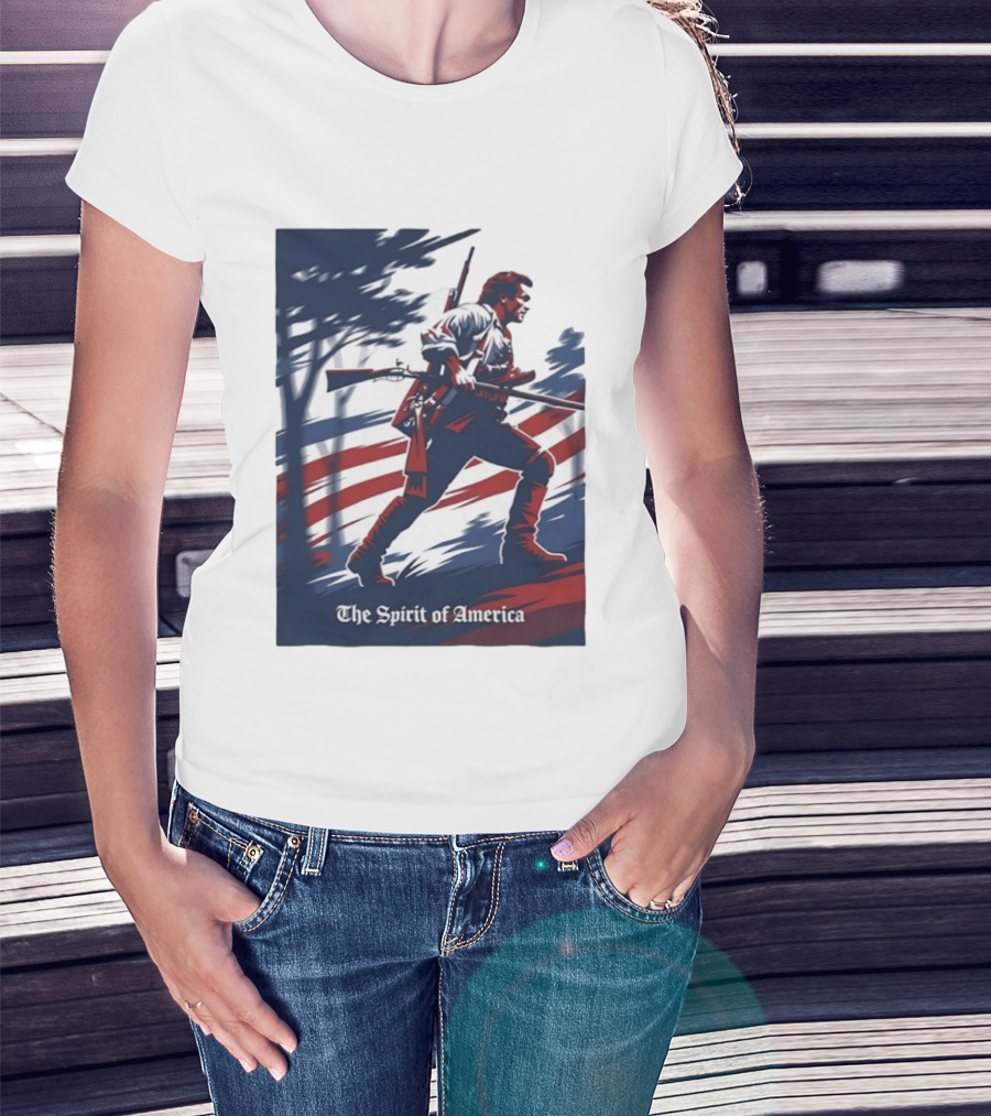 The Spirit Of America Revolutionary War Soldier With Musket And American Flag T-Shirt