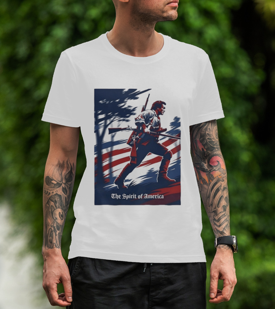 The Spirit Of America Revolutionary War Soldier With Musket And American Flag T-Shirt
