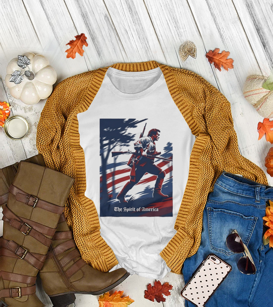 The Spirit of America Revolutionary War Soldier with Musket and American Flag T-Shirt