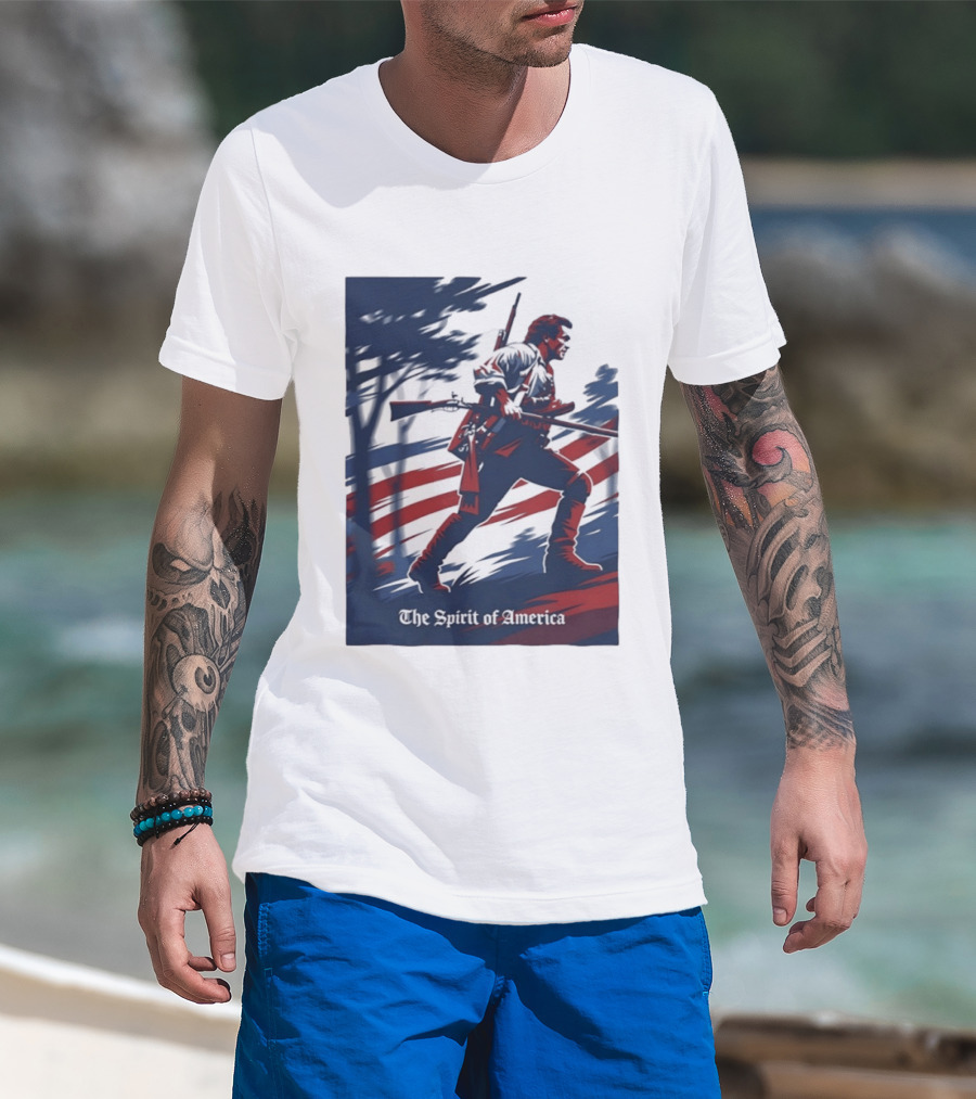 The Spirit Of America Revolutionary War Soldier With Musket And American Flag T-Shirt
