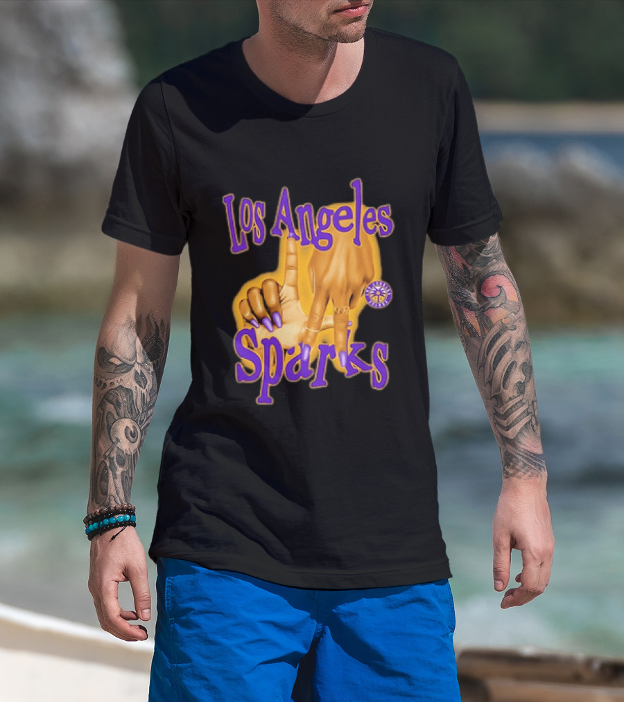 Los Angeles Sparks WNBA Finger Gesture Purple Ink Sketch T-Shirt