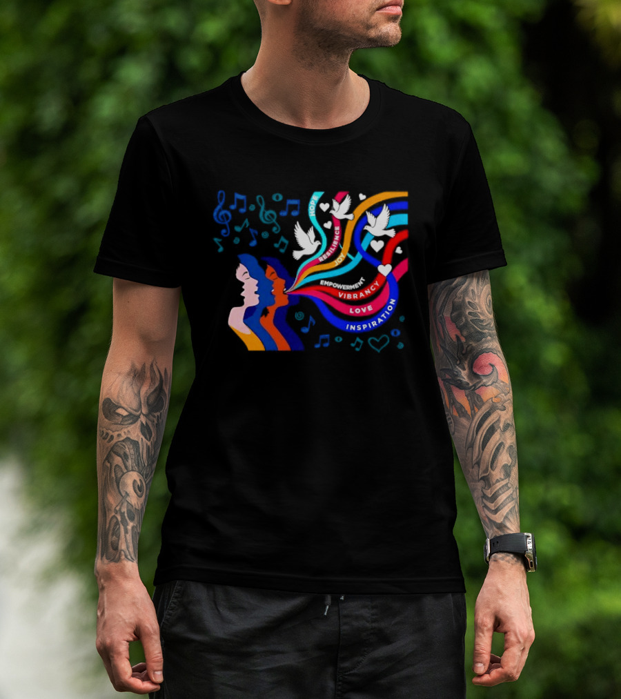 Women's Music Hope Resilience Joy Empowerment Vibrancy Love Inspiration Doves Notes Hearts T-Shirt