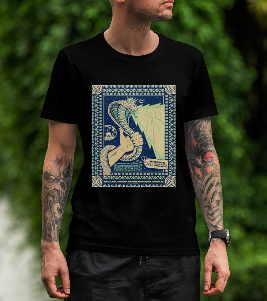 Primus Claypool Lennon Delirium Frog Brigade Tour June 22 2026 Walmart Arkansas Music Pavilion Rogers Cobra Hand T-Shirt