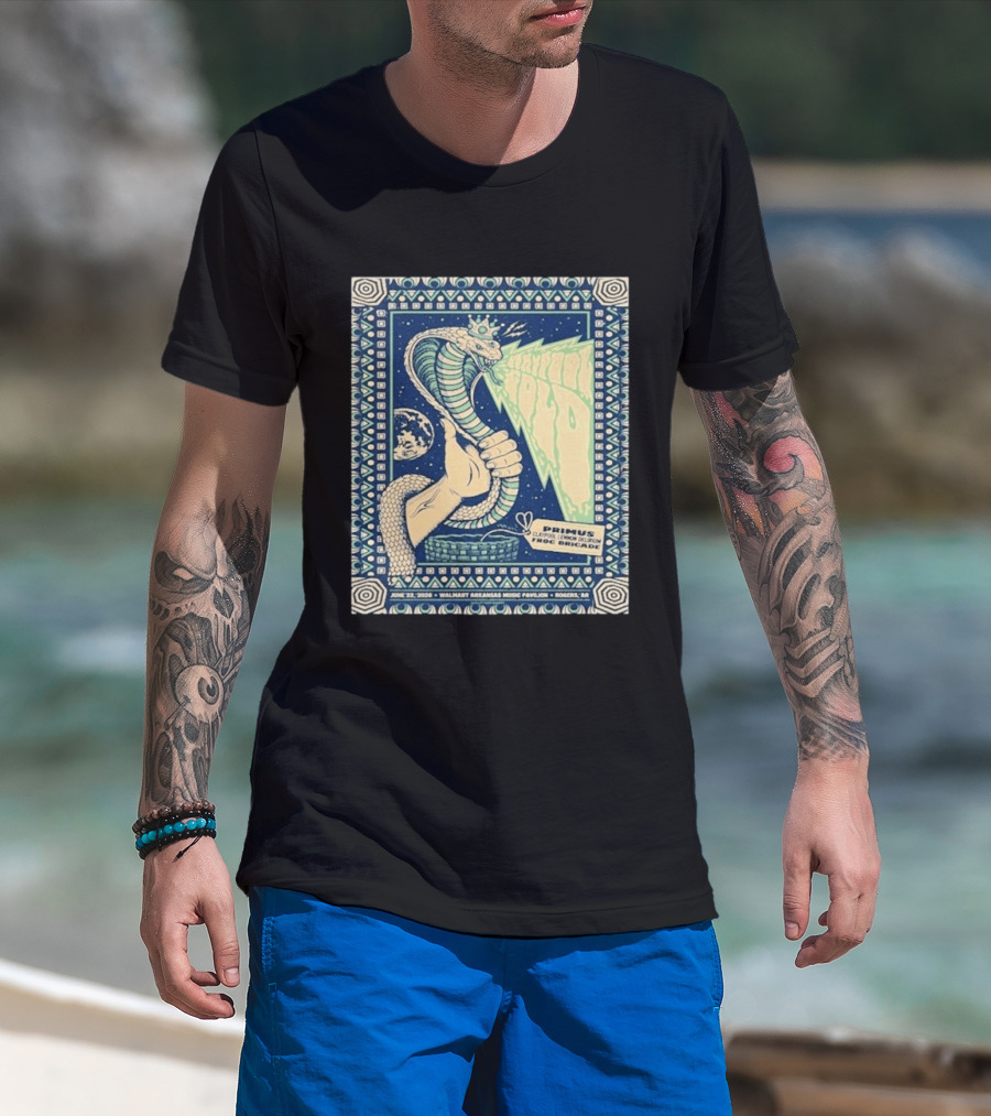 Primus Claypool Lennon Delirium Frog Brigade Tour June 22 2026 Walmart Arkansas Music Pavilion Rogers Cobra Hand T-Shirt