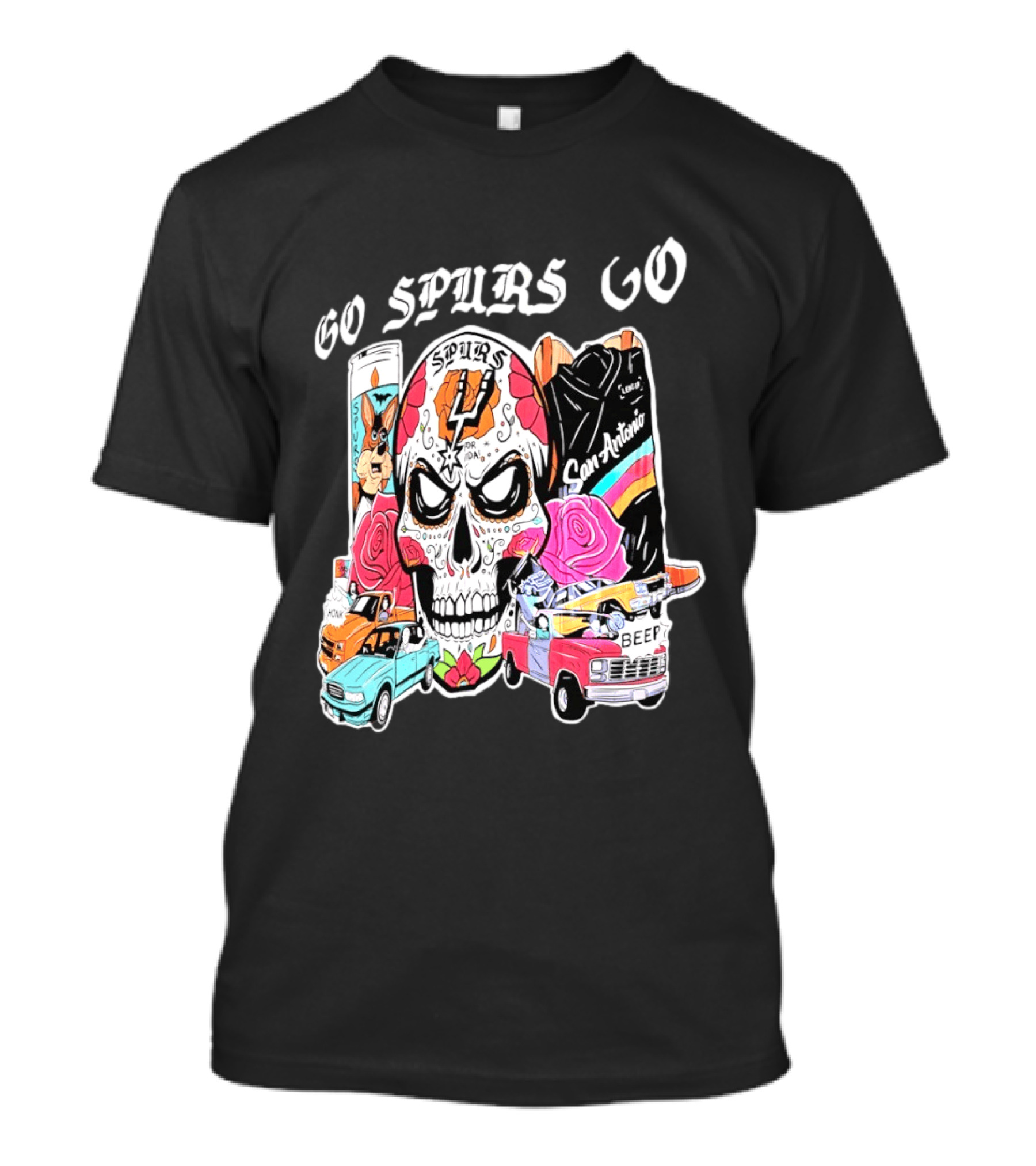 San Antonio Spurs Sugar Skull Go Spurs Go Vintage Cars Roses T-Shirt