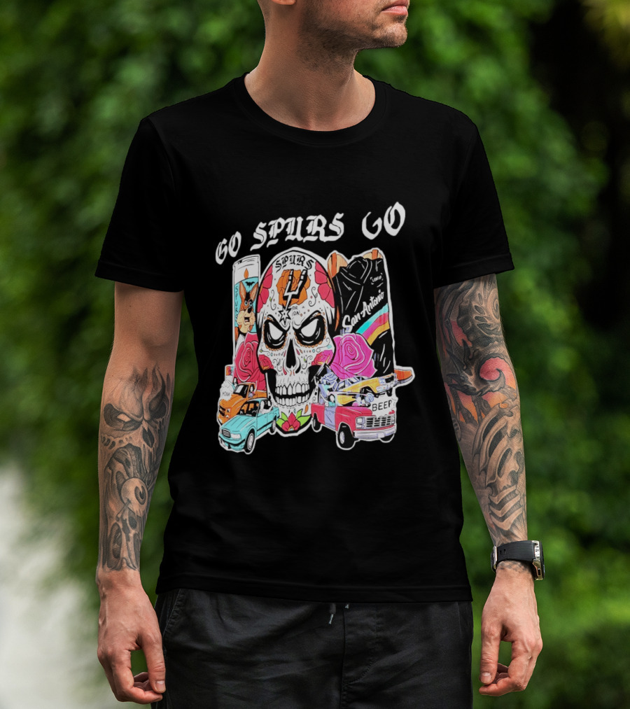 San Antonio Spurs Sugar Skull Go Spurs Go Vintage Cars Roses T-Shirt