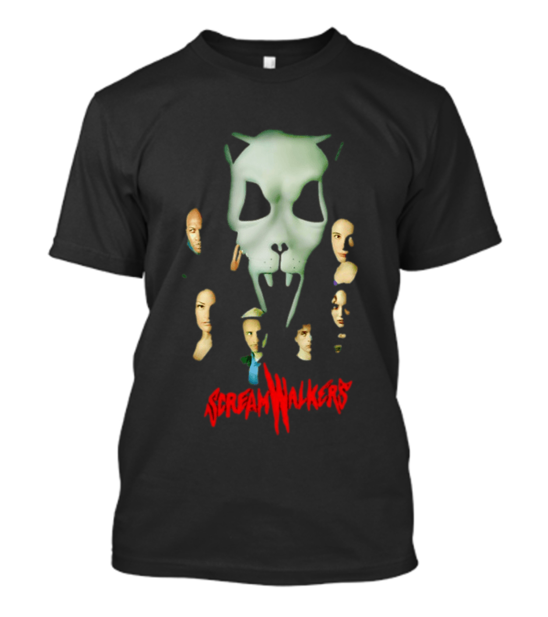 Screamwalkers Movie Cast Ensemble With Giant Mask Horror Faces T-Shirt