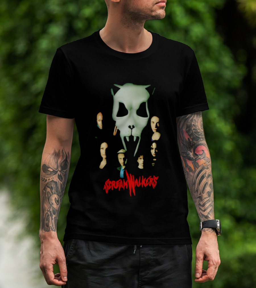 Screamwalkers Movie Cast Ensemble With Giant Mask Horror Faces T-Shirt