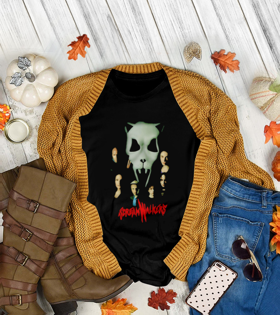Screamwalkers Movie Cast Ensemble with Giant Mask Horror Faces T-Shirt