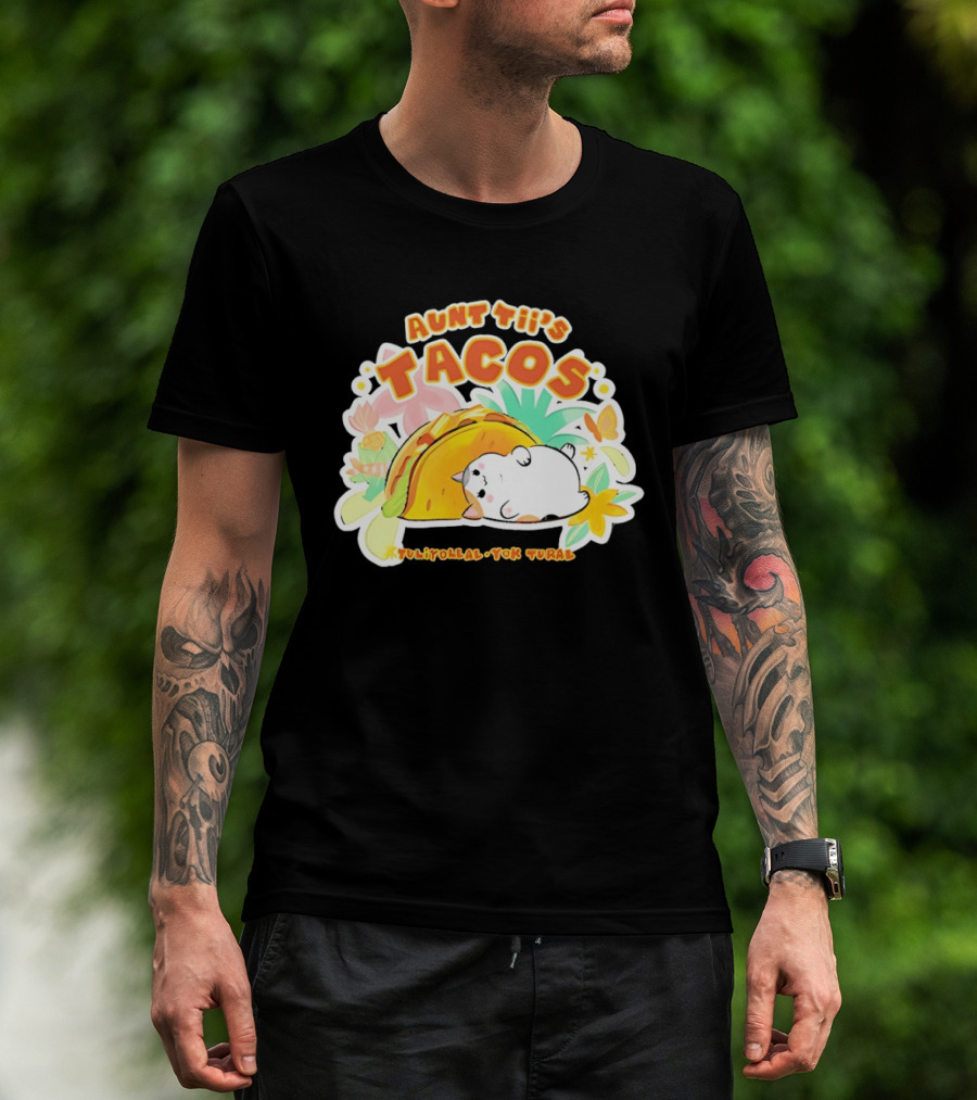 Aunt Tii's Tacos Cat Tulitollal Yok Tural Vibrant Fiesta Floral Burst T-Shirt