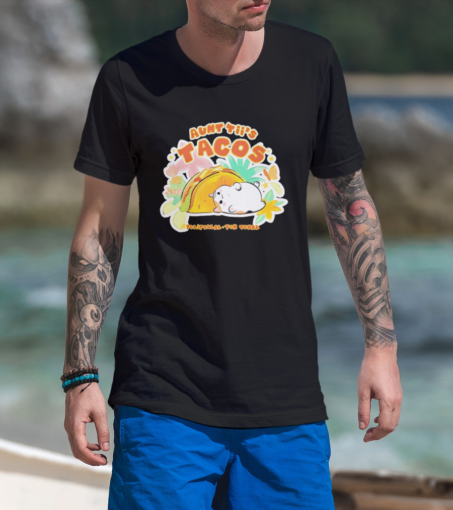 Aunt Tii's Tacos Cat Tulitollal Yok Tural Vibrant Fiesta Floral Burst T-Shirt