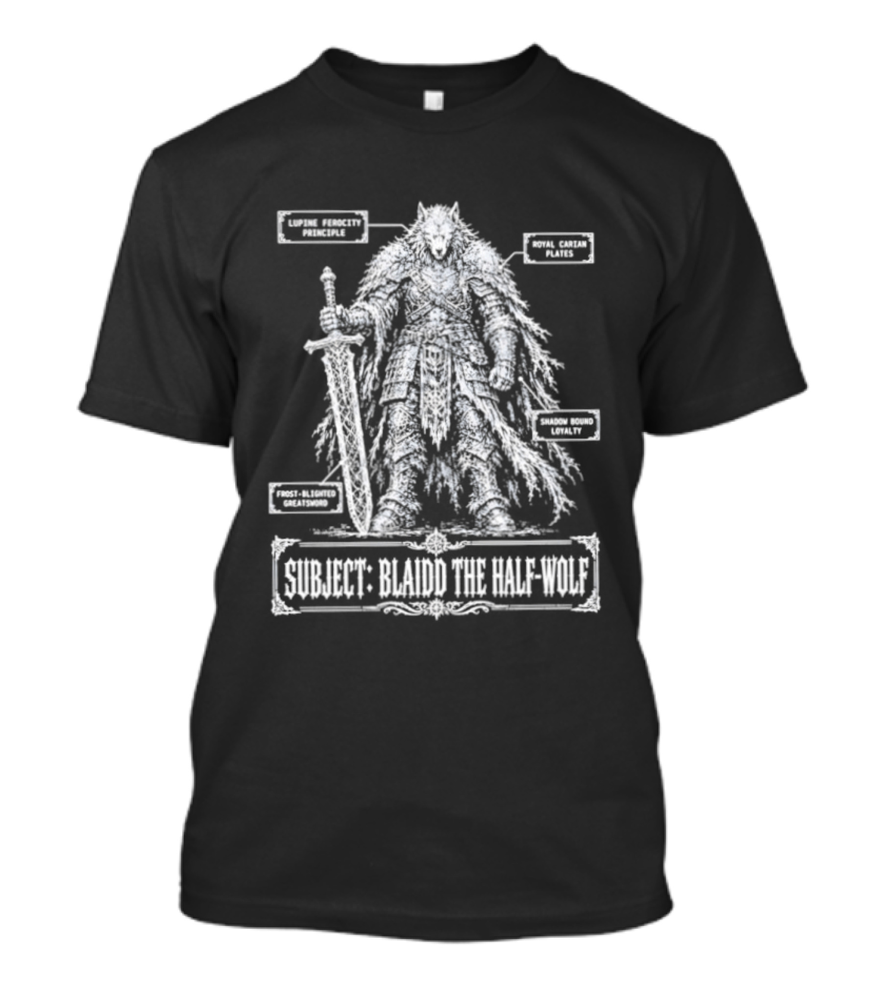 Blaidd Half Wolf Diagram Giant Sword Layered Fur Combat Form Analysis T-Shirt