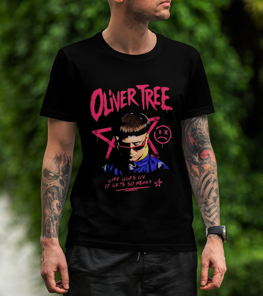 Oliver Tree Life Goes On It Gets So Heavy X Symbol Pink Text Sad Face T-Shirt