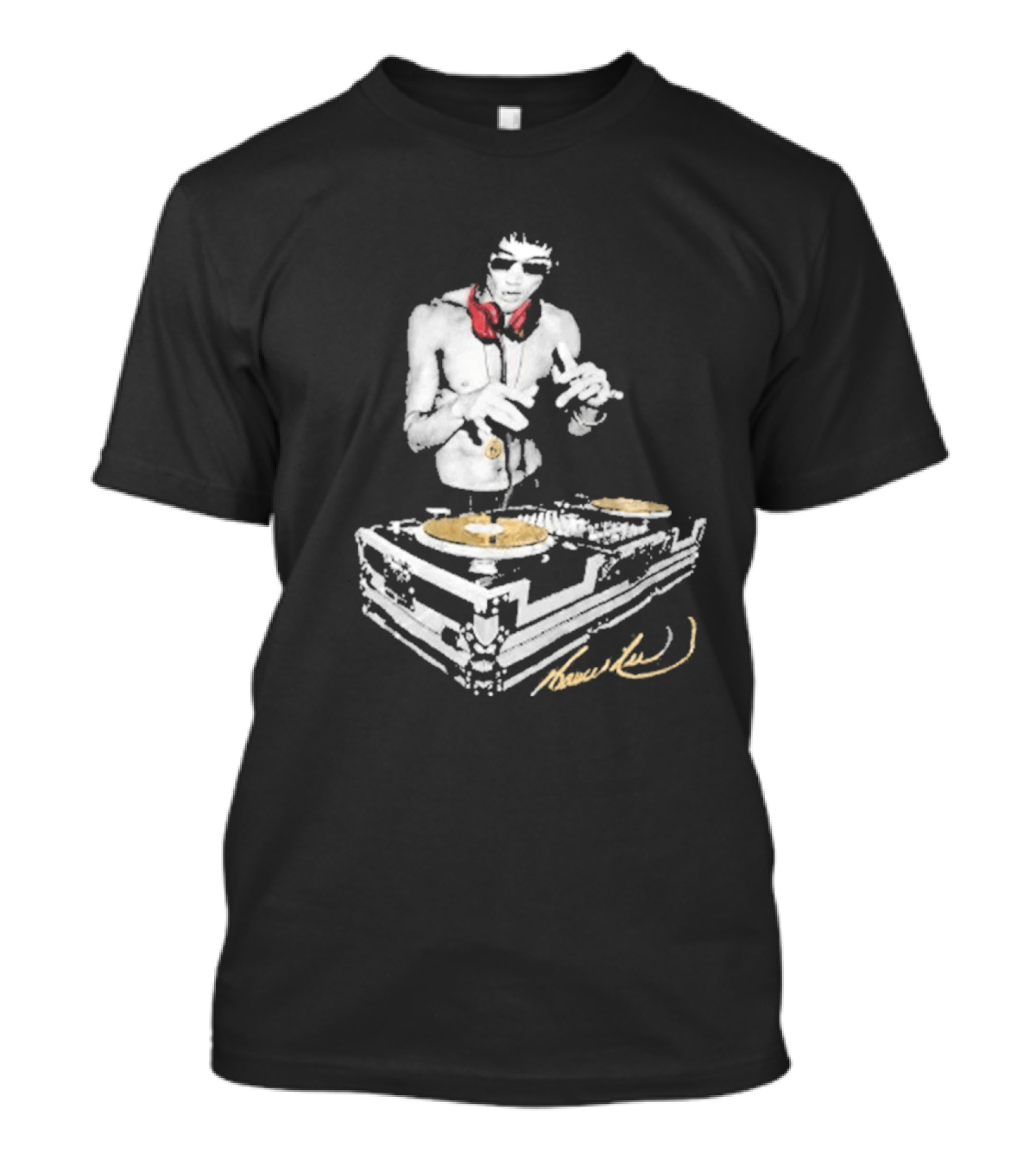 Robert Downey Jr Bruce Lee DJ Kung Fu Red Headphones T-Shirt