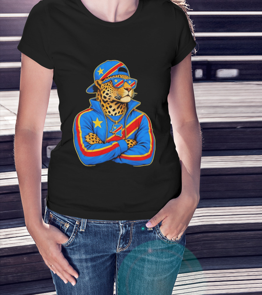 DR Congo Flag Colors Leopard In Hip Hop Style Outfit T-Shirt