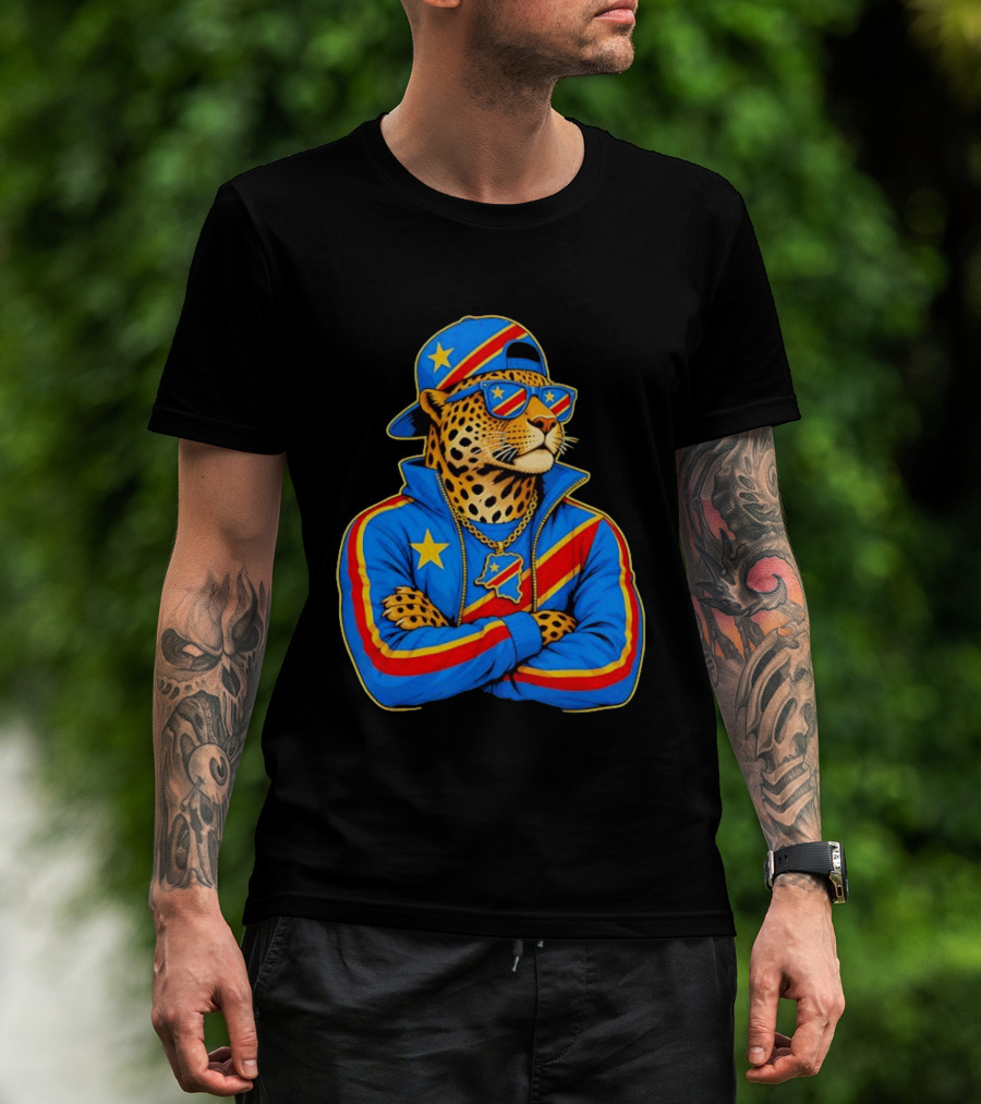 DR Congo Flag Colors Leopard In Hip Hop Style Outfit T-Shirt