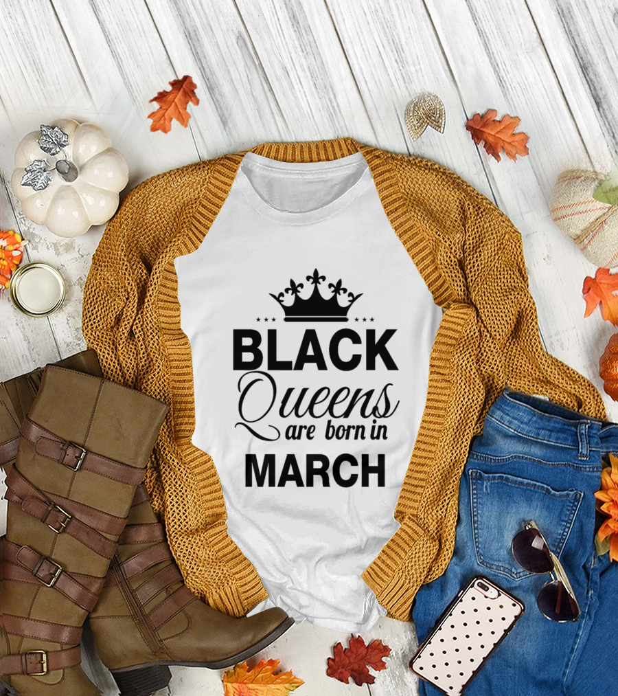 Black Queens Are Born in March Crown T-Shirt