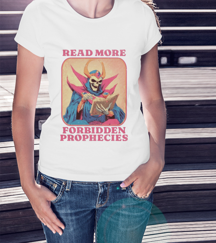 Read More Forbidden Prophecies Skeleton Cloaked Figure Holding Book T-Shirt