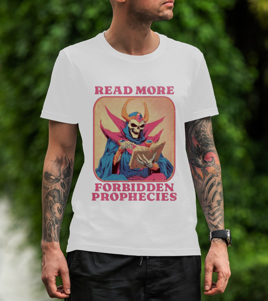 Read More Forbidden Prophecies Skeleton Cloaked Figure Holding Book T-Shirt