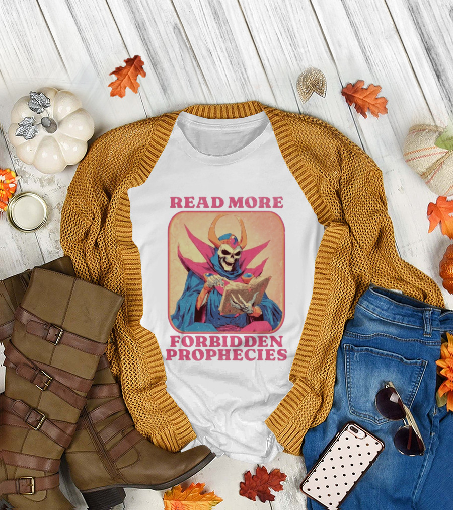 Read More Forbidden Prophecies Skeleton Cloaked Figure Holding Book T-Shirt