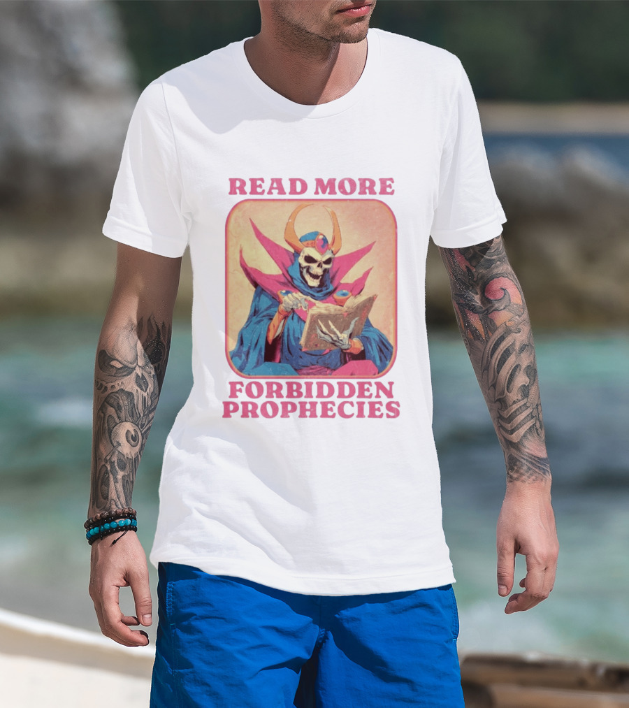 Read More Forbidden Prophecies Skeleton Cloaked Figure Holding Book T-Shirt
