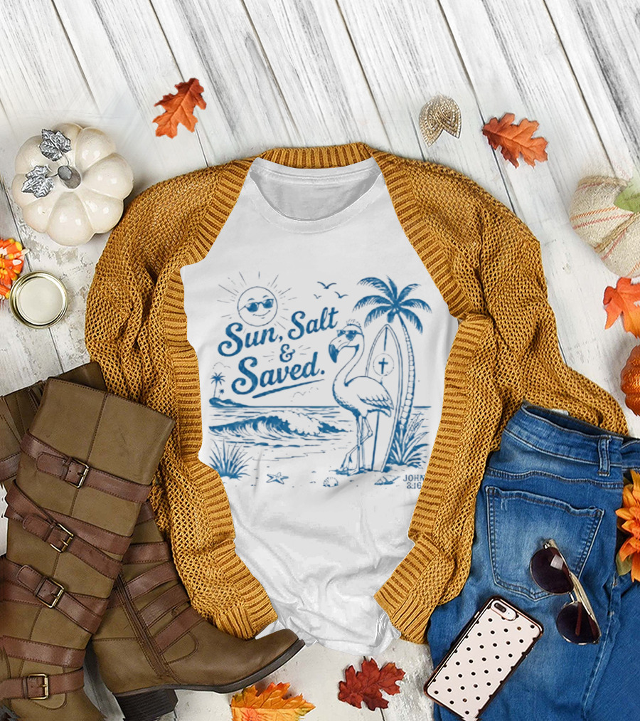 Sun Salt and Saved Flamingo Beach Scene with John 3 16 Christian T-Shirt