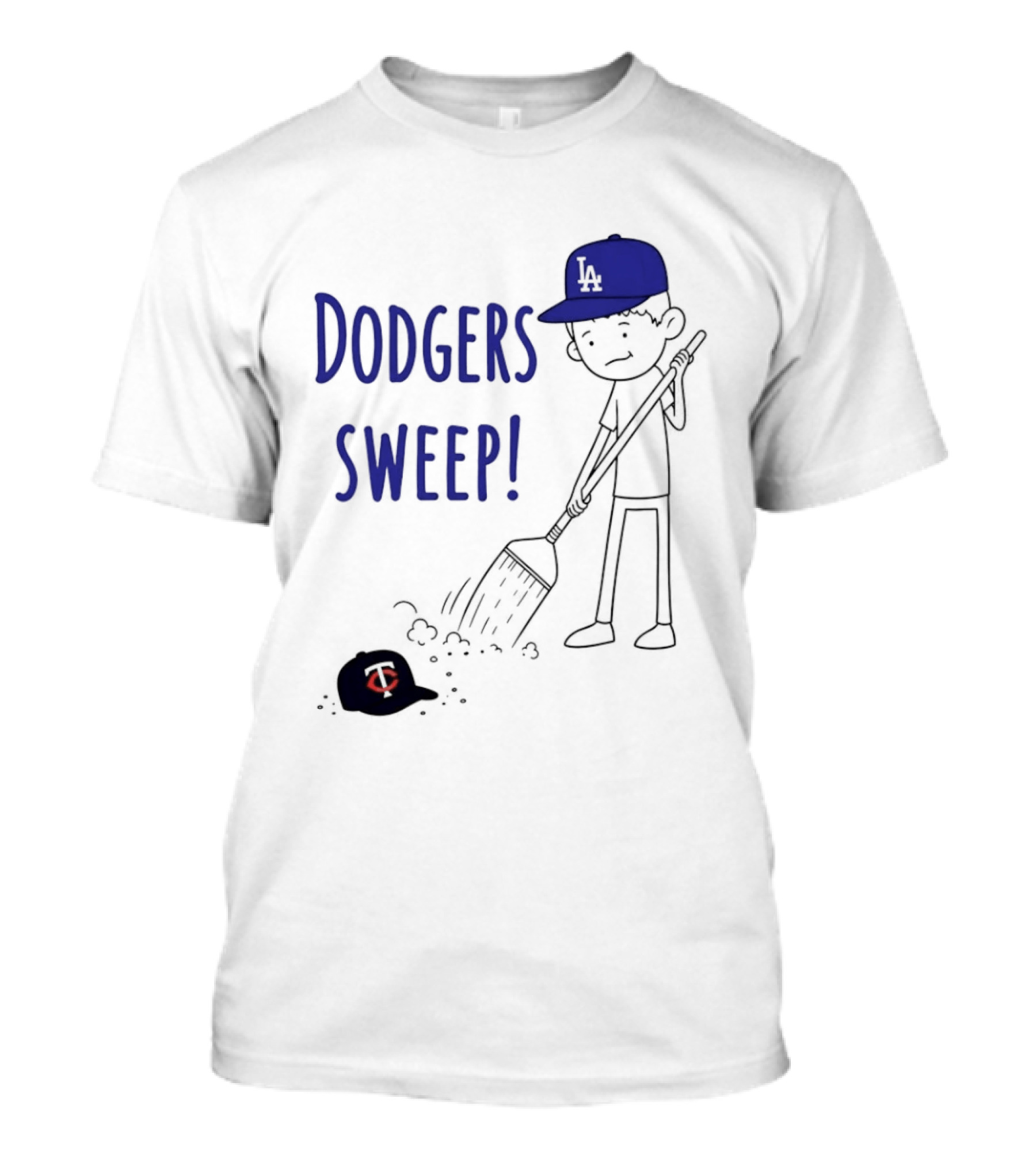 Dodgers Sweep Cartoon Figure In LA Cap Broom Action T-Shirt