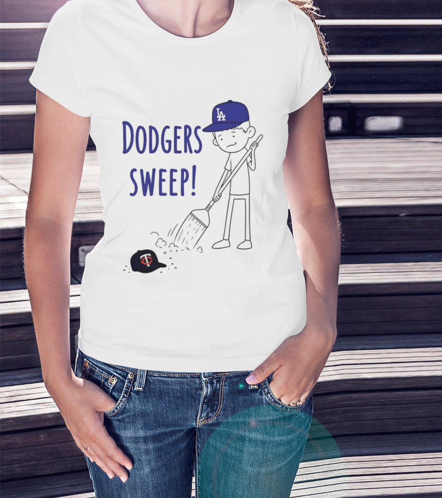 Dodgers Sweep Cartoon Figure In LA Cap Broom Action T-Shirt