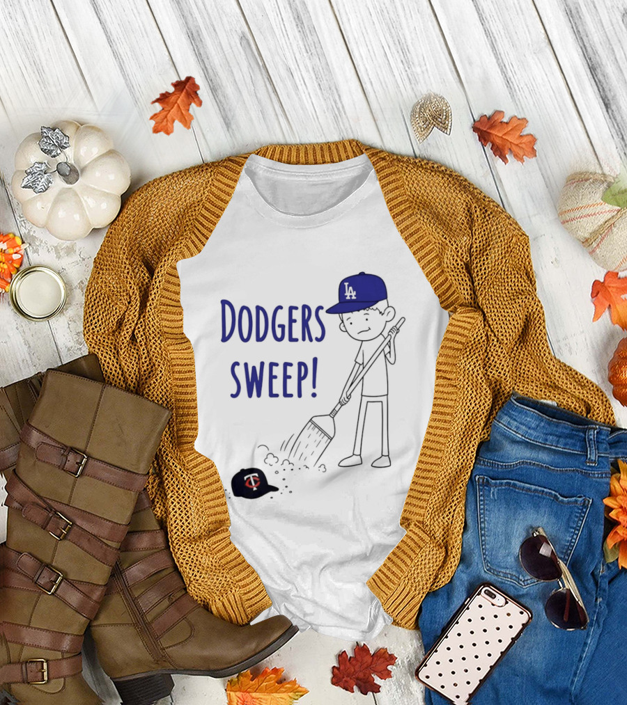 Dodgers Sweep Cartoon Figure in LA Cap Broom Action T-Shirt