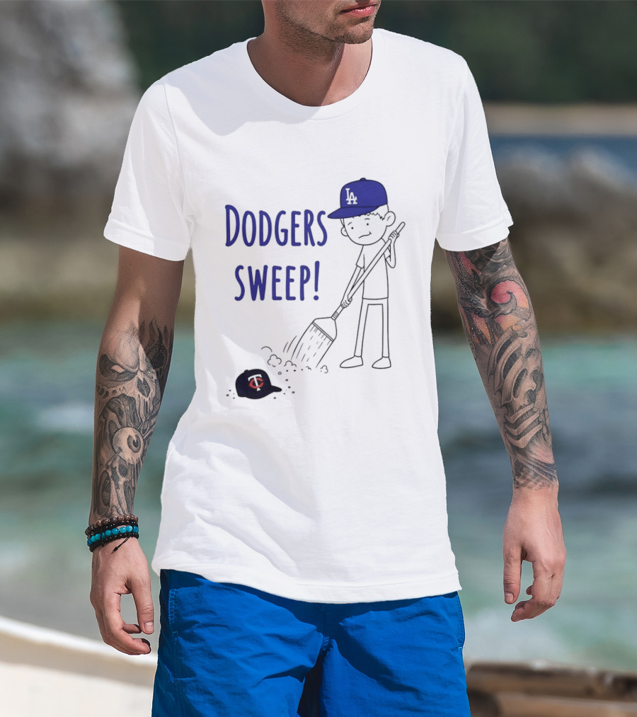 Dodgers Sweep Cartoon Figure In LA Cap Broom Action T-Shirt