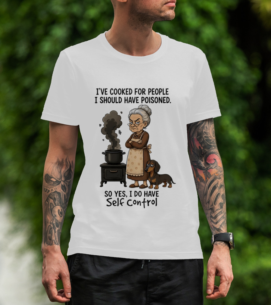 Grandma And Dachshund Cooking Humor Self Control Poised Patience T-Shirt