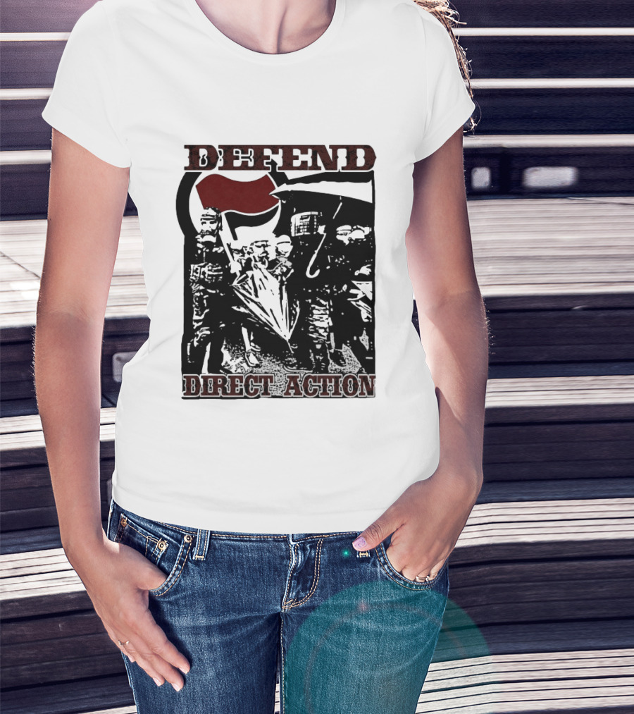 Defend Direct Action Antifa Protest Imagery With Red Flag Iconography T-Shirt