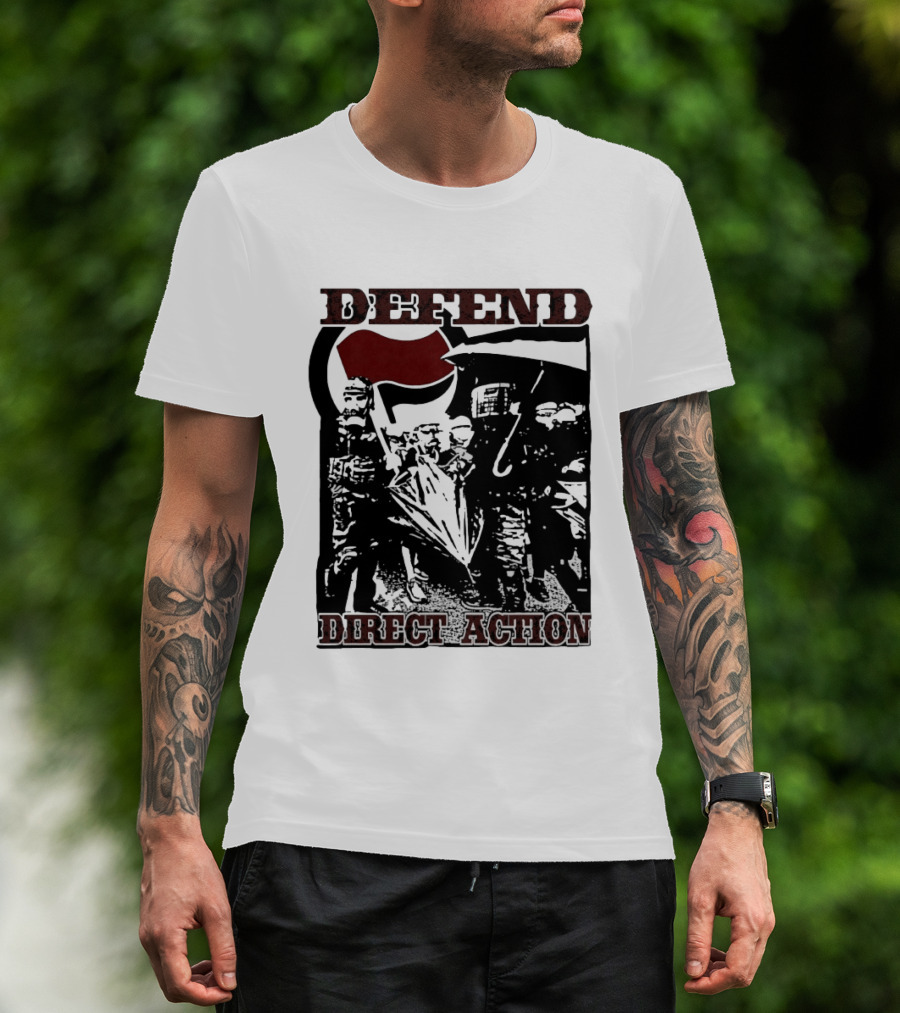 Defend Direct Action Antifa Protest Imagery With Red Flag Iconography T-Shirt