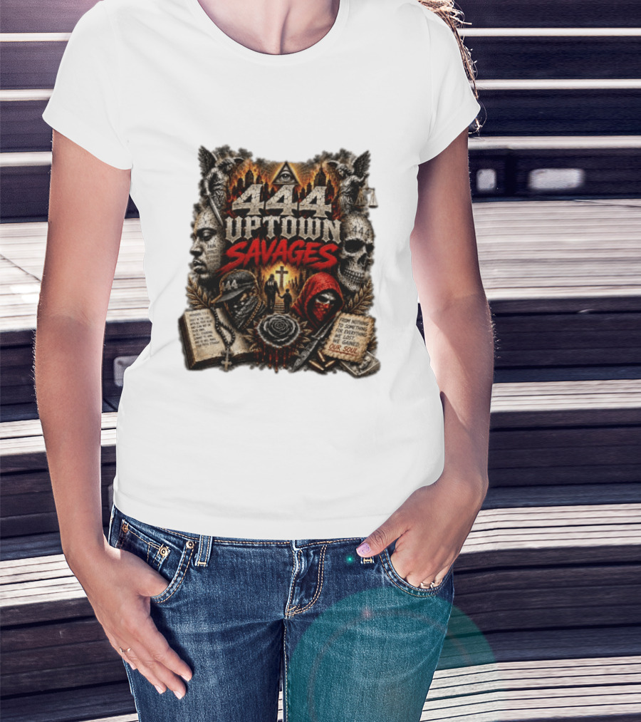 444 Uptown Savages Urban Gothic Art With Skulls And Roses T-Shirt