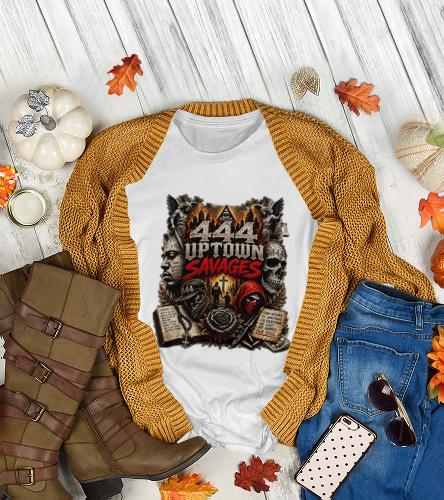 444 Uptown Savages Urban Gothic Art with Skulls and Roses T-Shirt