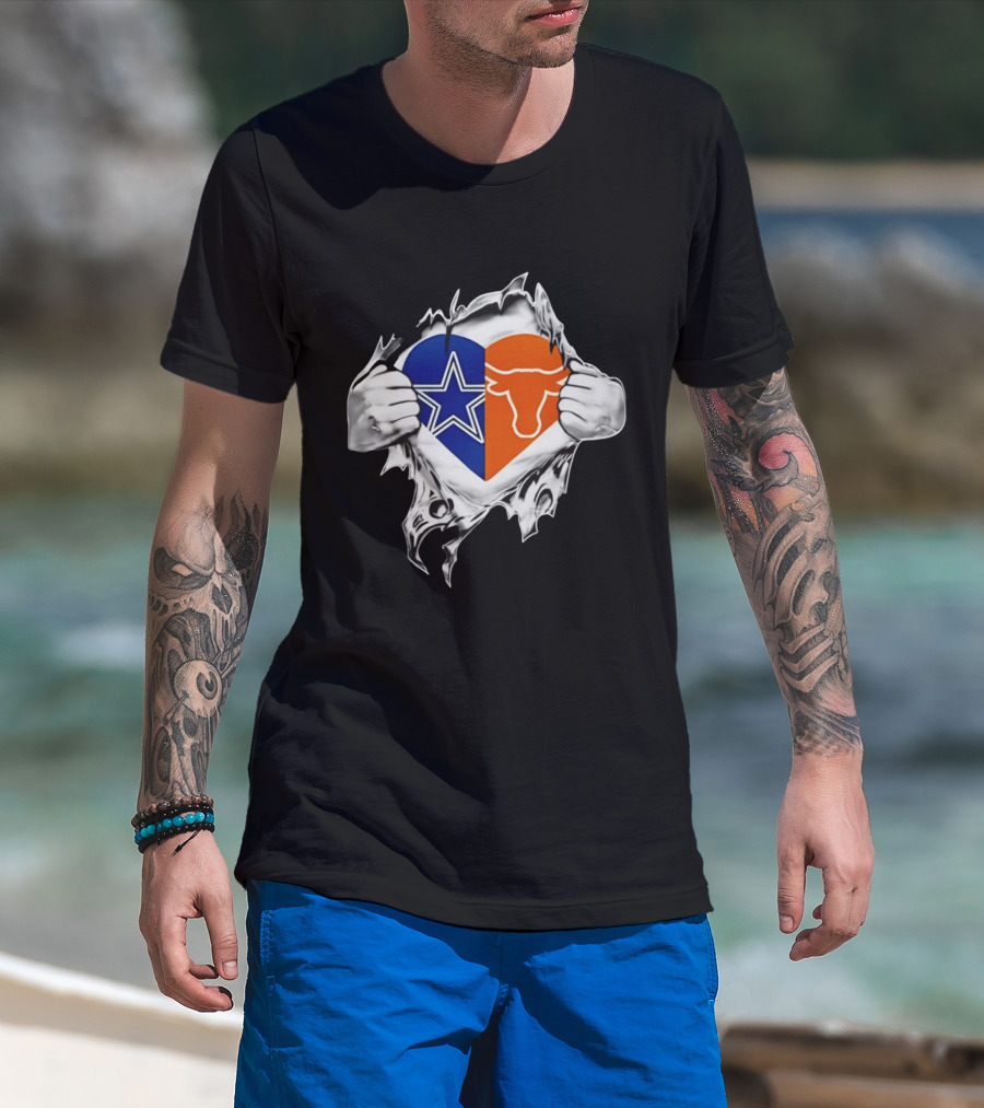 Dallas Cowboys And Texas Longhorns Heart Symbol Tearing T-Shirt