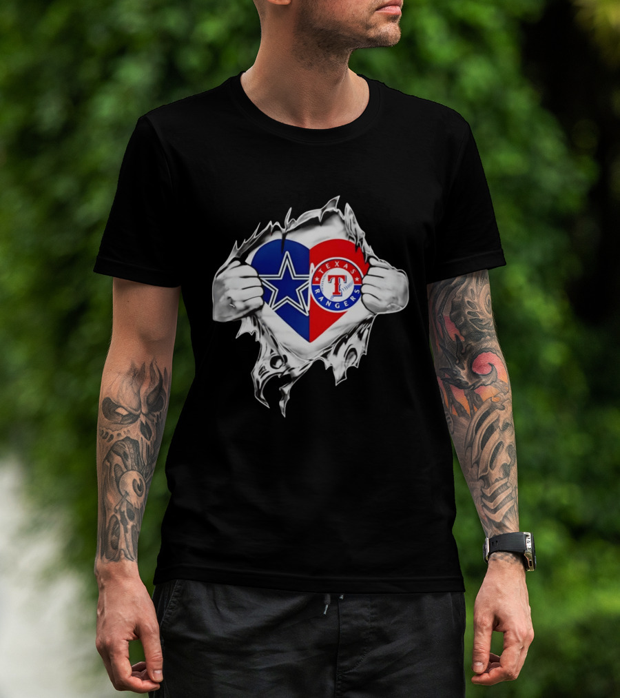 Dallas Cowboys Texas Rangers Heart Torn Open Sports T-Shirt