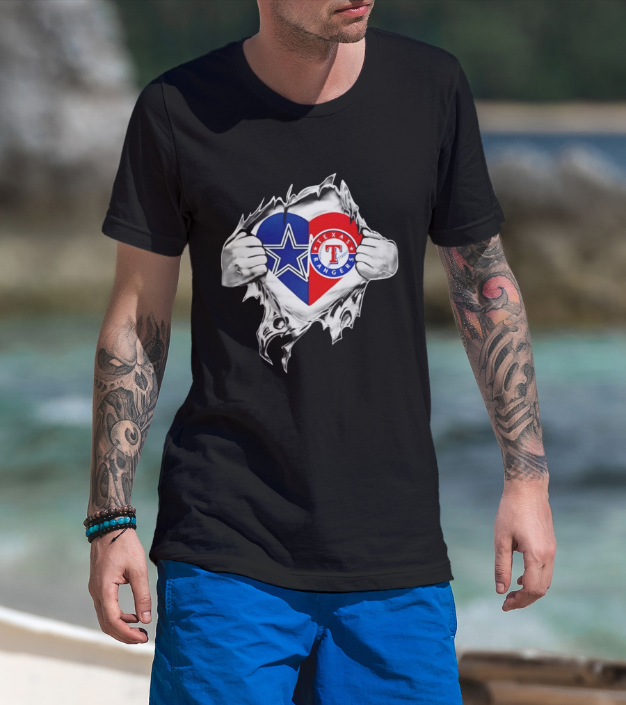 Dallas Cowboys Texas Rangers Heart Torn Open Sports T-Shirt