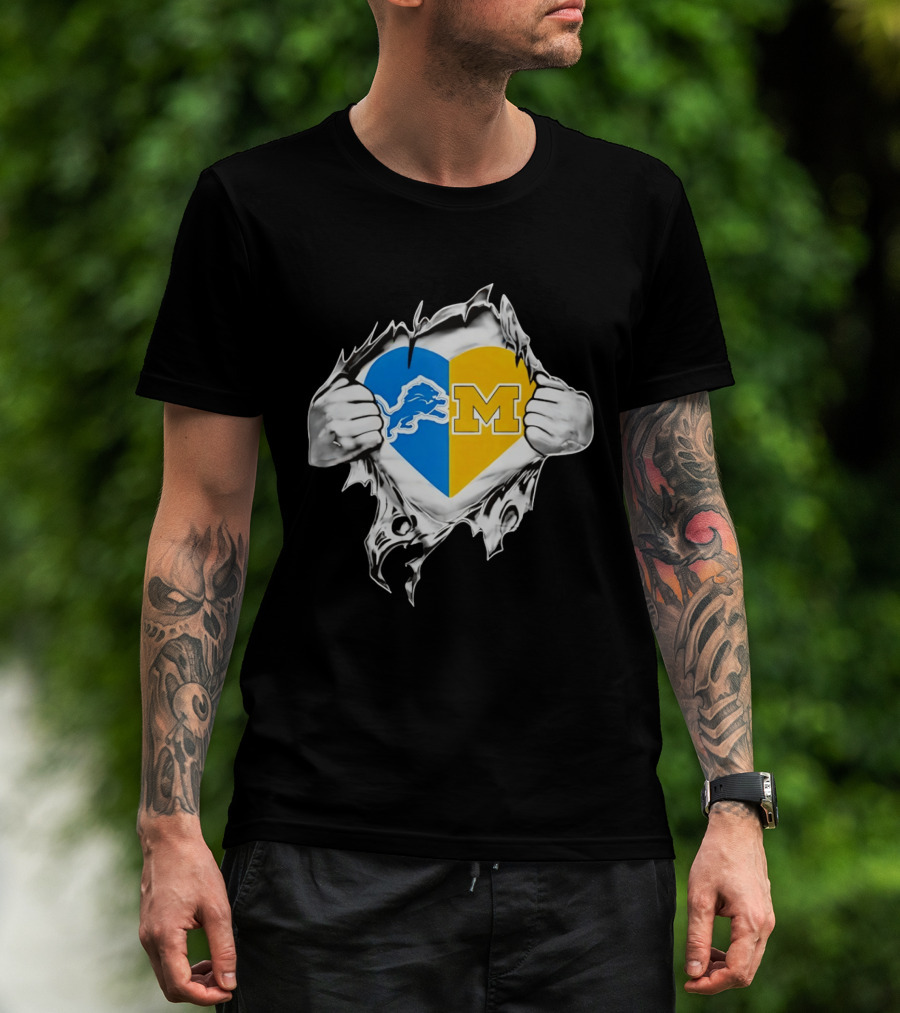 Detroit Lions Michigan Wolverines Heart Torn Reveal T-Shirt