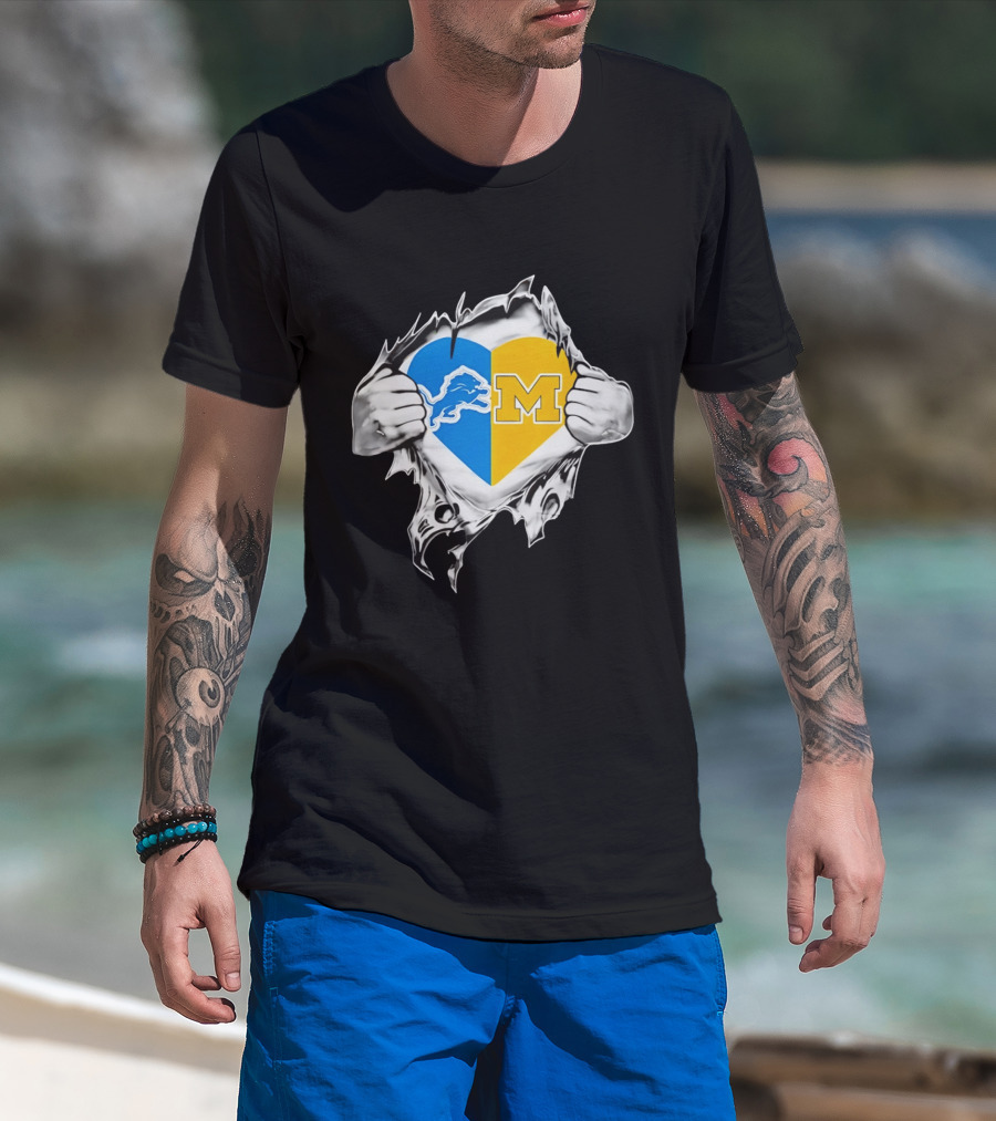 Detroit Lions Michigan Wolverines Heart Torn Reveal T-Shirt