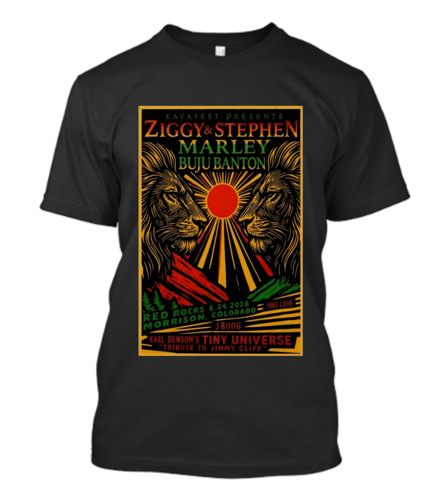 Kaya Fest Ziggy & Stephen Marley 2026 Red Rocks Morrison Colorado Buju Banton JBoog Mike Love Karl Denson's Tiny Universe Tribute To Jimmy Cliff T-Shirt