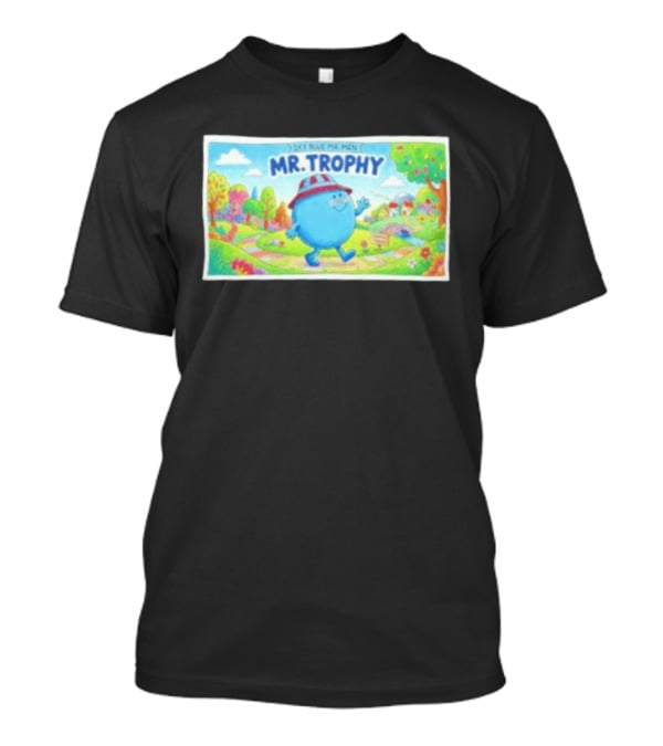 Sky Blue Mr. Men Mr. Trophy Character In Colorful Landscape Scene T-Shirt
