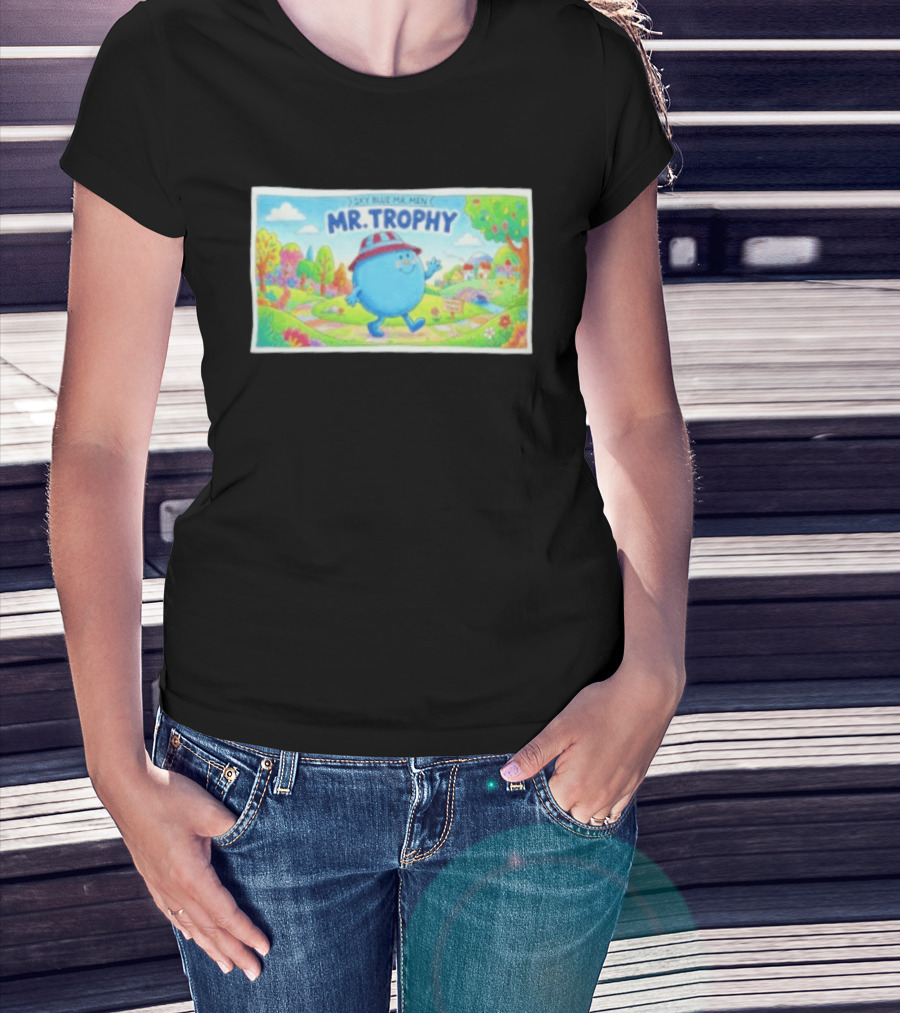 Sky Blue Mr. Men Mr. Trophy Character In Colorful Landscape Scene T-Shirt