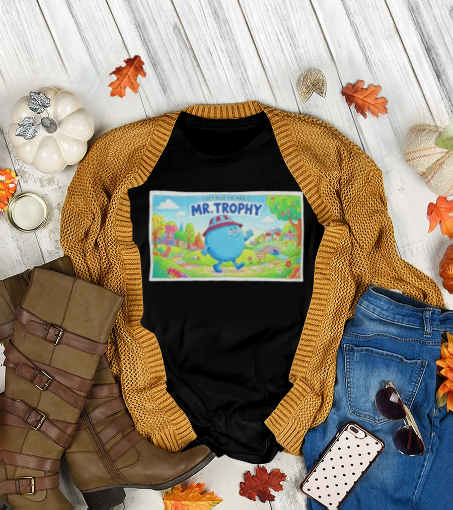 Sky Blue Mr. Men Mr. Trophy Character in Colorful Landscape Scene T-Shirt